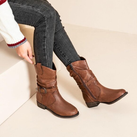 Veittes Womens Brown Low Chunky Heel Motorcycle Style Side Zipper Classic Boots - Picture 5 of 6